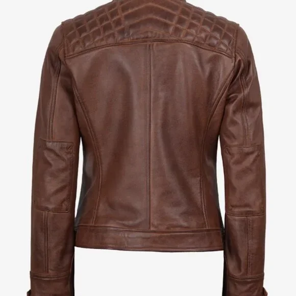 Cognac Leather Biker Style Jacket - Quilted Shoulder Sz XS - Picture 4 of 12